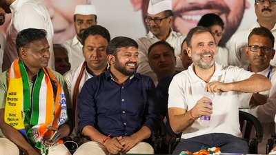 Congress leader Rahul Gandhi with party candidates Udit Raj and Kanhaiya Kumar during a rally for Lok Sabha elections, in New Delhi, Saturday, May 18, 2024. (PTI) Congress leader Rahul Gandhi with party candidates Udit Raj and Kanhaiya Kumar during a rally for Lok Sabha elections, in New Delhi, Saturday, May 18, 2024. (PTI)