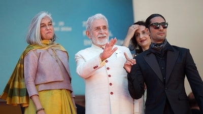 Ratna Pathak Shah, Naseeruddin Shah and Prateik Babbar pose for the restored version of film "Manthan" (The Churning) presented as part Cannes Classics. REUTERS/Stephane Mahe (REUTERS)