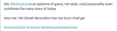 An X post on Aishwarya Rai Bachchan's Cannes 2024 Day 2 look. (Screengrab) An X post on Aishwarya Rai Bachchan's Cannes 2024 Day 2 look. (Screengrab)