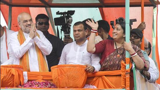 Union home minister Amit Shah campaigning in Amethi on Saturday. (PTI PHOTO)