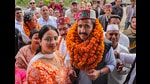 Congress candidate Vikramaditya Singh campaigns for Lok Sabha elections, at Banjar in Kullu, Himachal Pradesh, on Sunday. (PTI)