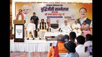 Bharatiya Janata Party (BJP) national president JP Nadda during the 'Prabuddhajan Sammelan' in Karnal on Sunday. (JP Nadda-X) Bharatiya Janata Party (BJP) national president JP Nadda during the 'Prabuddhajan Sammelan' in Karnal on Sunday. (JP Nadda-X)