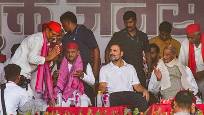 Congress leader Rahul Gandhi and Samajwadi Party (SP) chief Akhilesh Yadav with others during an INDIA bloc public meeting in support of Congress candidate from Allahabad constituency Ujjwal Raman Singh for the Lok Sabha elections, in Prayagraj district, Sunday (PTI) Congress leader Rahul Gandhi and Samajwadi Party (SP) chief Akhilesh Yadav with others during an INDIA bloc public meeting in support of Congress candidate from Allahabad constituency Ujjwal Raman Singh for the Lok Sabha elections, in Prayagraj district, Sunday (PTI)