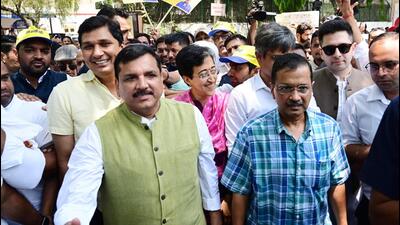 Delhi CM Arvind Kejriwal led a protest march from the AAP office to the BJP headquarters on Sunday. (Vipin Kumar/HT Photo) Delhi CM Arvind Kejriwal led a protest march from the AAP office to the BJP headquarters on Sunday. (Vipin Kumar/HT Photo)