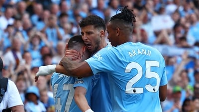 Manchester City's Phil Foden celebrates scoring their second goal with Manuel Akanji and Ruben Dias (REUTERS)