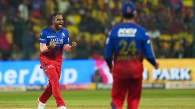 Royal Challengers Bengaluru player Yash Dayal celebrates after Bengaluru won the Indian Premier League (IPL) 2024 cricket match against Chennai Super Kings, at M Chinnaswamy Stadium. (PTI) Royal Challengers Bengaluru player Yash Dayal celebrates after Bengaluru won the Indian Premier League (IPL) 2024 cricket match against Chennai Super Kings, at M Chinnaswamy Stadium. (PTI)