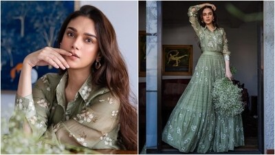 The shirt and skirt set is from the designer clothing brand Label Anushree. The blouse features a collared neckline, front button closures, sheer sleeves, buttoned cuffs, and a slim-fitted silhouette. Aditi styled it by tucking it inside the skirt.&nbsp; (Instagram)