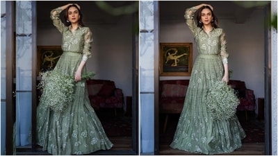Aditi wore a sage green ensemble to promote Heeramandi. The actor's outfit featured a blouse and long skirt decked in a gorgeous floral pattern in a white hue. Her ensemble is a love letter to summer and should inspire your wardrobe for the warm season. So, don't forget to steal styling tips.&nbsp; (Instagram)