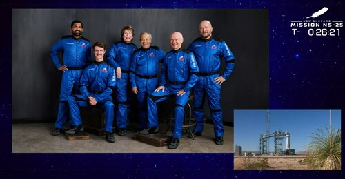 The six crew members selected for Jeff Bezos's Blue Origin New Shepard -25 (NS-25) mission. (Blue Origin)