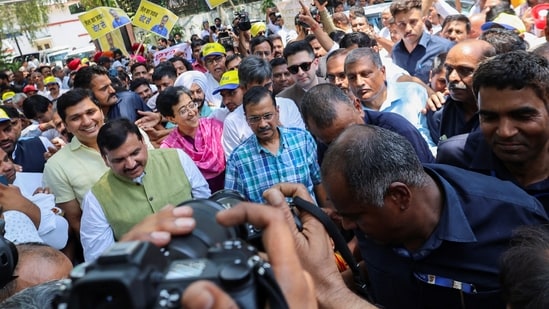 Aam Aadmi Party (AAP) National Convenor and Delhi Chief Minister Arvind Kejriwal and other party leaders take part in protest.