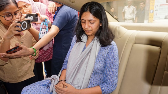 Swati Maliwal assault case: AAP Rajya Sabha MP Swati Maliwal at the Tis Hazari Court after she recorded her statement on the alleged assault by Delhi chief minister Arvind Kejriwal's aide Bibhav Kumar. (PTI)