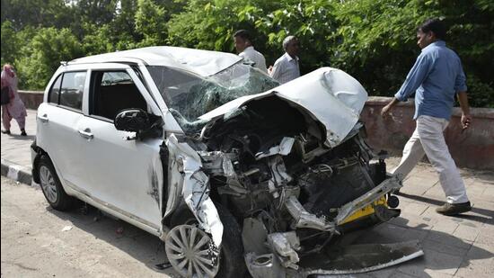 The mangled remains of a car that was involved in an accident on the Ring Road. (HT Archive)