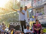 Delhi CM Arvind Kejriwal addresses a public meeting for the Lok Sabha elections, at Kalkaji in New Delhi on Sunday.