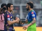 Royal Challengers Bengaluru's player Virat Kohli and Kolkata Knight Riders' mentor Gautam Gambhir (L) greet each other.