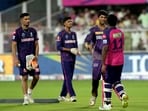 Rajasthan Royals' captain Sanju Samson greets Kolkata Knight Riders' players.