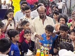 Rajinikanth celebrated grandson Ved Krishna's cricket-themed birthday. Rajinikanth celebrated grandson Ved Krishna's cricket-themed birthday.