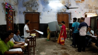 A scene from a polling station during the fifth phase of Lok Sabha polls in West Bengal’s Howrah district on Monday. (REUTERS) A scene from a polling station during the fifth phase of Lok Sabha polls in West Bengal’s Howrah district on Monday. (REUTERS)