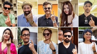 Bollywood stars show their inked fingers after casting their votes in the fifth phase of Lok Sabha elections. (PTI)