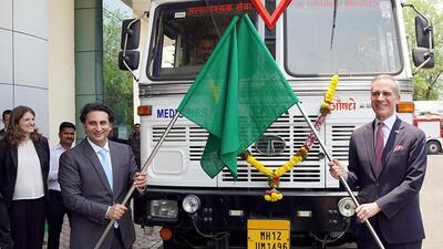 CEO of Serum Institute of India, Adar Poonawalla and Ambassador of the United States of America to India, Eric Garcetti flag off the first consignment of R21-Matrix-M Malaria vaccine doses to Africa, in Pune on Monday. (Eric Garcetti X/ANI)