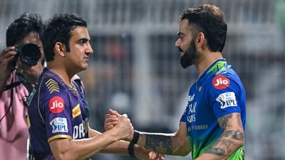 Royal Challengers Bengaluru's player Virat Kohli and Kolkata Knight Riders' mentor Gautam Gambhir (L) greet each other. (AFP) Royal Challengers Bengaluru's player Virat Kohli and Kolkata Knight Riders' mentor Gautam Gambhir (L) greet each other. (AFP)