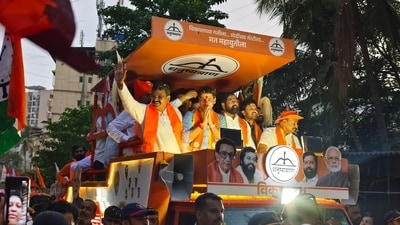 Kalyan India - May 2024_ Chief minister with his son Shrikant Shinde on his rally in Dombivali in India 16 2024 (Photo by Pramod Tambe) Kalyan India - May 2024_ Chief minister with his son Shrikant Shinde on his rally in Dombivali in India 16 2024 (Photo by Pramod Tambe)