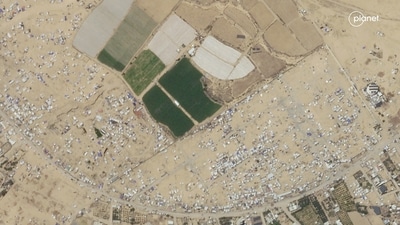 This satellite photo taken by Planet Labs PBC shows an evacuated camp in Rafah, Gaza, (AP) This satellite photo taken by Planet Labs PBC shows an evacuated camp in Rafah, Gaza, (AP)