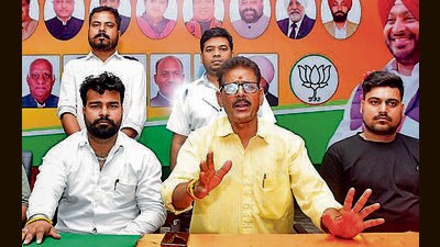 Members of the BJP’s Purvanchal wing addressing the media in Ludhiana on Monday. (Manish/HT) Members of the BJP’s Purvanchal wing addressing the media in Ludhiana on Monday. (Manish/HT)