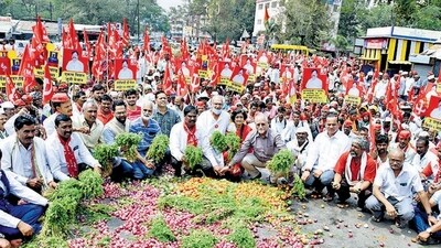Nashik, India - March 12, 2023: Farmers throw onions and tomatoes on the road as a mark of protest as they participate in a long foot march from Nashik towards Mumbai, organised by CPIM, in Nashik, Inida, on Monday, March 13, 2023. (Photo by Ravindra Rajput/HT Photo) (Hindustan Times) Nashik, India - March 12, 2023: Farmers throw onions and tomatoes on the road as a mark of protest as they participate in a long foot march from Nashik towards Mumbai, organised by CPIM, in Nashik, Inida, on Monday, March 13, 2023. (Photo by Ravindra Rajput/HT Photo) (Hindustan Times)