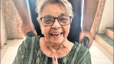 Navi Mumbai, India - May 20, 2024:Senior citizen ( Usha Kulkarni age 94 year old) casting their votes during Lok Sabha Election 2024 at Koperkhairne in Navi Mumbai, India, on Monday, May 20, 2024. (Photo by/ HT PHOTO) (HT PHOTO) Navi Mumbai, India - May 20, 2024:Senior citizen ( Usha Kulkarni age 94 year old) casting their votes during Lok Sabha Election 2024 at Koperkhairne in Navi Mumbai, India, on Monday, May 20, 2024. (Photo by/ HT PHOTO) (HT PHOTO)