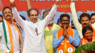 Mumbai: Shivsena (UBT) chief Uddhav Thackeray, the party leader and candidate from Mumbai South constituency Arvind Sawant and others during a public meeting at Kalachowki for the Lok Sabha elections, in Mumbai, Saturday, May 18, 2024. (PTI Photo) (PTI05_18_2024_000255B) (PTI) Mumbai: Shivsena (UBT) chief Uddhav Thackeray, the party leader and candidate from Mumbai South constituency Arvind Sawant and others during a public meeting at Kalachowki for the Lok Sabha elections, in Mumbai, Saturday, May 18, 2024. (PTI Photo) (PTI05_18_2024_000255B) (PTI)
