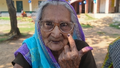 An elderly woman shows her inked finger after casting her vote during the fifth phase of Lok Sabha elections, in Ramgarh district. (PTI) An elderly woman shows her inked finger after casting her vote during the fifth phase of Lok Sabha elections, in Ramgarh district. (PTI)