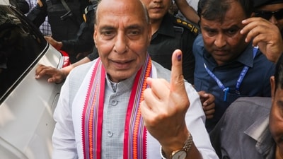 Defence Minister and BJP candidate Rajnath Singh after casting his vote during the fifth phase of Lok Sabha elections, in Lucknow. (PTI) Defence Minister and BJP candidate Rajnath Singh after casting his vote during the fifth phase of Lok Sabha elections, in Lucknow. (PTI)