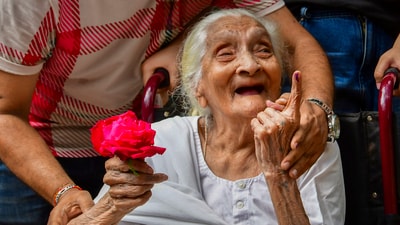 112-year-old South Mumbai resident Kanchanben Badshah exemplified civic duty by casting her vote in person at the polling booth, opting out of the home voting option. (PTI) 112-year-old South Mumbai resident Kanchanben Badshah exemplified civic duty by casting her vote in person at the polling booth, opting out of the home voting option. (PTI)