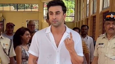 Ranbir Kapoor was spotted leaving a polling booth in Mumbai. Ranbir Kapoor was spotted leaving a polling booth in Mumbai.