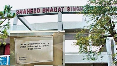 A notice (inset) at Delhi University's Shaheed Bhagat Singh College, where the principal has made it mandatory for the canteen to give students free water in case the water coolers on campus are not functional. (Photo: Facebook and Instagram) A notice (inset) at Delhi University's Shaheed Bhagat Singh College, where the principal has made it mandatory for the canteen to give students free water in case the water coolers on campus are not functional. (Photo: Facebook and Instagram)