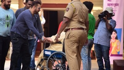 He greeted an old wheelchair-bound fan after casting his vote in Bandra on Monday evening. He greeted an old wheelchair-bound fan after casting his vote in Bandra on Monday evening.