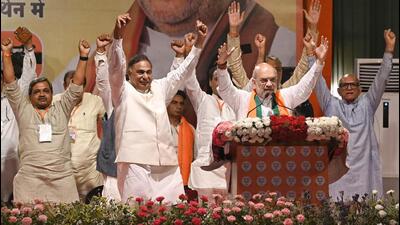 Union home minister Amit Shah in Sangam Vihar in Delhi on Monday. (Sanchit Khanna/HT Photo) Union home minister Amit Shah in Sangam Vihar in Delhi on Monday. (Sanchit Khanna/HT Photo)