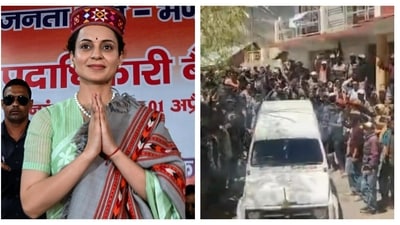 Kangana Ranaut, BJP's Lok Sabha candidate from Himachal Pradesh's Mandi, and former CM Jairam Thakur were in Kaza to address a public rally. (ANI/Congress) Kangana Ranaut, BJP's Lok Sabha candidate from Himachal Pradesh's Mandi, and former CM Jairam Thakur were in Kaza to address a public rally. (ANI/Congress)