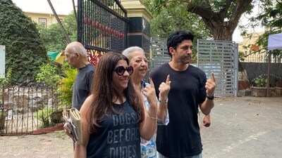 Zoya Akhtar and Farhan Akhtar arrived with their mother Honey Irani to cast their vote. Zoya Akhtar and Farhan Akhtar arrived with their mother Honey Irani to cast their vote.