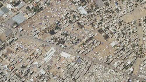 This satellite photo taken by Planet Labs PBC shows an evacuated camp in Rafah, Gaza, (AP) This satellite photo taken by Planet Labs PBC shows an evacuated camp in Rafah, Gaza, (AP)