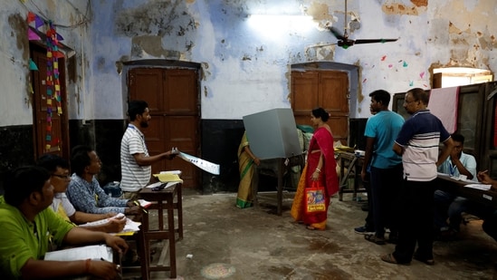 A scene from a polling station during the fifth phase of Lok Sabha polls in West Bengal’s Howrah district on Monday. (REUTERS)