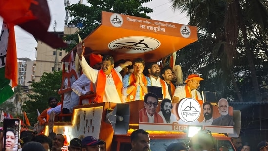 Kalyan India - May 2024_ Chief minister with his son Shrikant Shinde on his rally in Dombivali in India 16 2024 (Photo by Pramod Tambe)