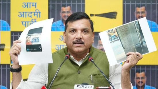 The claims were made by AAP Rajya Sabha MP Sanjay Singh at a press conference held at the party office on Monday. (HT Photo)