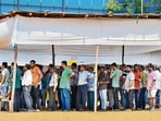 Mumbai, India. May 20, 2024: People queue up to vote outside a polling station in the Ghatkopar area during the fifth phase of national elections in Mumbai. May 2024. (Photo by Raju Shinde/HT Photo)