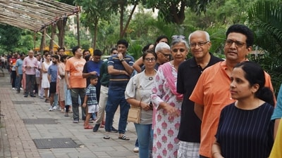 Thane, India - May ,20, 2024: Citizens are seen at the voting booth on Thane Ghodbunder Road Hiranandani Estate  to vote ,in Thane, in Mumbai, India, on, Monday, May,20, 2024. ( Praful Gangurde / HT Photo )