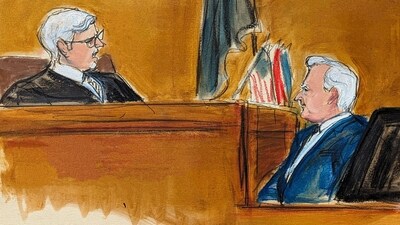 Judge Juan Merchan, left, castigates witness Robert Costello about his "decorum" in the courtroom in Manhattan criminal court, Monday, May 20, 2024, in New York. (Elizabeth Williams via AP) (AP) Judge Juan Merchan, left, castigates witness Robert Costello about his "decorum" in the courtroom in Manhattan criminal court, Monday, May 20, 2024, in New York. (Elizabeth Williams via AP) (AP)