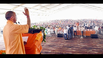 Chief Minister Yogi Adityanath addresses a public meeting for Lok Sabha elections, in Balrampur (PTI) Chief Minister Yogi Adityanath addresses a public meeting for Lok Sabha elections, in Balrampur (PTI)