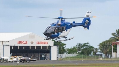 A helicopter of the French "Securite Civile" takes off from the tarmac at Noumea-Magenta Airport in Noumea, France's Pacific territory of New Caledonia, on May 21, 2024. A military transport aircraft landed in riot-hit New Caledonia to evacuate trapped tourists May 21, the first rescue flight since looting, arson and deadly gunfire enveloped the French Pacific territory eight days ago (Photo by Delphine Mayeur / AFP) (AFP) A helicopter of the French "Securite Civile" takes off from the tarmac at Noumea-Magenta Airport in Noumea, France's Pacific territory of New Caledonia, on May 21, 2024. A military transport aircraft landed in riot-hit New Caledonia to evacuate trapped tourists May 21, the first rescue flight since looting, arson and deadly gunfire enveloped the French Pacific territory eight days ago (Photo by Delphine Mayeur / AFP) (AFP)