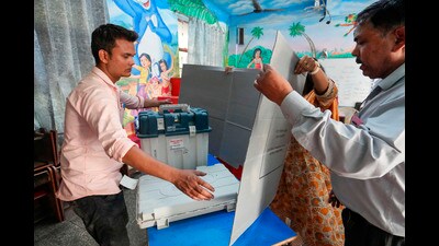 For Representation Only: Polling officials prepare a polling booth for the second phase of Lok Sabha elections, at Vaishali in Ghaziabad (PTI) For Representation Only: Polling officials prepare a polling booth for the second phase of Lok Sabha elections, at Vaishali in Ghaziabad (PTI)