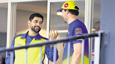 MS Dhoni of Chennai Super Kings with head coach Stephen Fleming. (Sportzpics for BCCI)